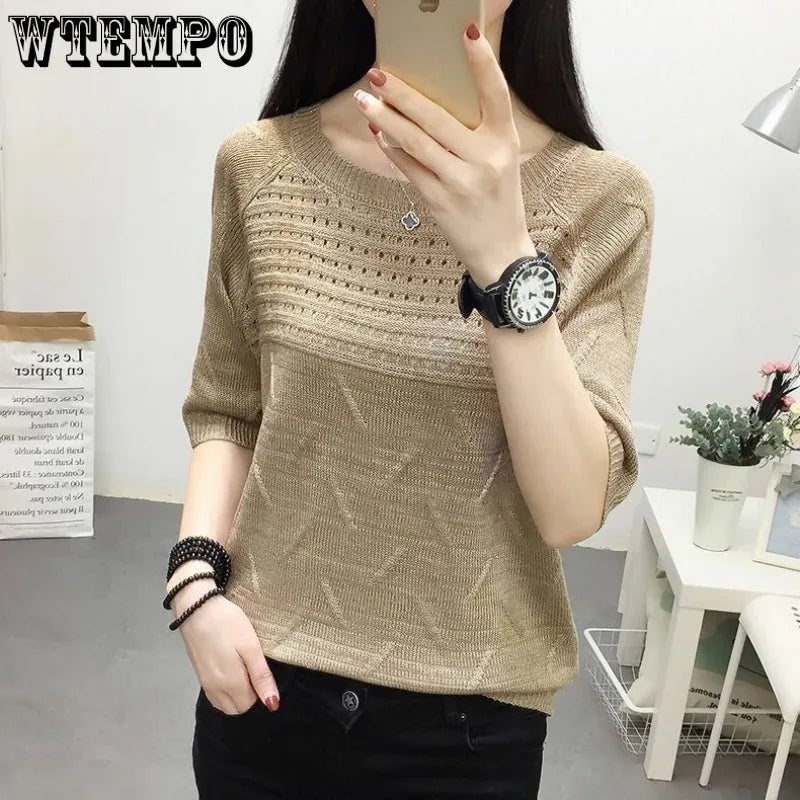 WTEMPO Woman Knit Sweaters Pullover Summer Knitted T-shirt Short-Sleeved Women's Loose Hollow Jumper Knitwear