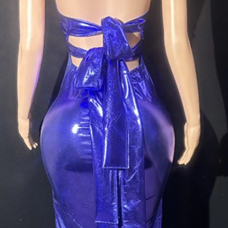 Purple Neck Slim Temperament Seaside Vacation Backless Dress Star Red Carpet Catwalk Singer Music Festival Mini Vestido Sexy Hot